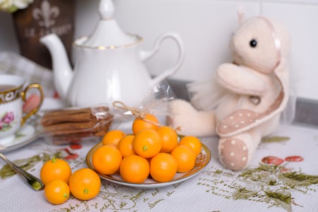 Decorative orange mandarins, tangerines, cup of tea, home mandarins, small mandarines, front viewの写真素材