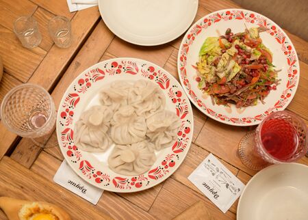 hot fresh Georgian food, hinkali, top viewの写真素材