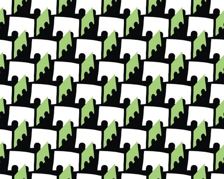 Vector texture background, seamless pattern. Hand drawn, black, green and white colors.