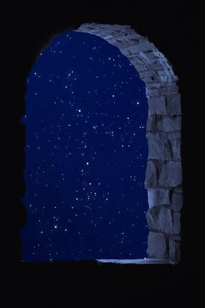 Starry sky with windows of a medieval castleの写真素材