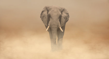 Animal elephant during a dust storm.の写真素材