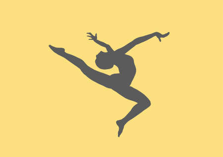Silhouette of a jumping rhythmic gymnastics athlete.の写真素材