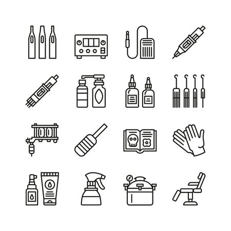 Tattoo equipment line icon set. Flat tools collection. Tattoo machine, cartridge, needle, glove, paint, disinfection, care, sterilization. Vector illustration.のイラスト素材