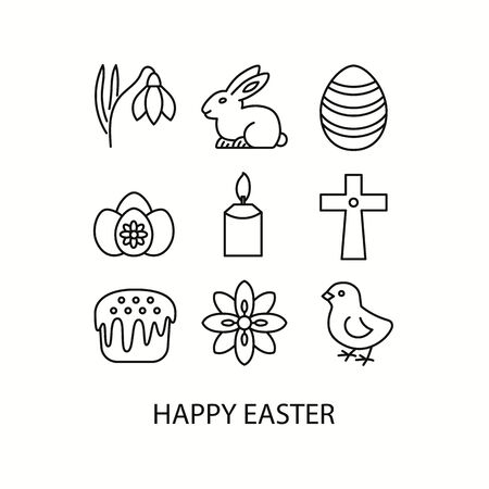 Easter flat line icons set. Christian holiday signs. Chocolate rabbit, colored eggs, flowers,  candle, cake, chick, christian cross. Vector illustration. のイラスト素材