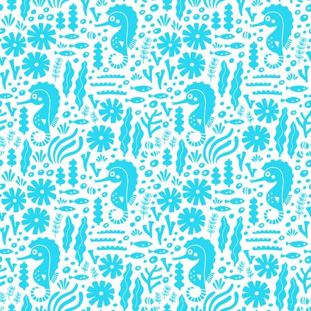 Sea life seamless pattern with sea horse, fish and water plant. Vector illustration. Wrapping. Surface decoration.のイラスト素材