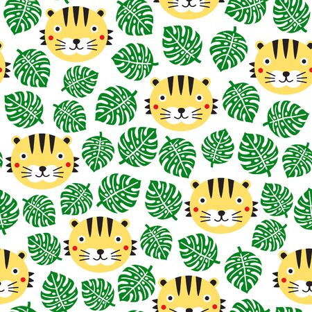 Tiger seamless pattern with tropical leaves. Kid background. Vector illustration.のイラスト素材