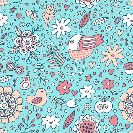 Bird and plant seamless pattern. Vector illustrationのイラスト素材