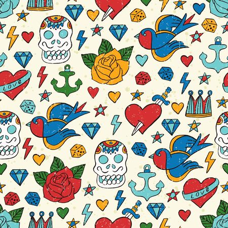 Tattoo seamless pattern. Vector illustration.のイラスト素材