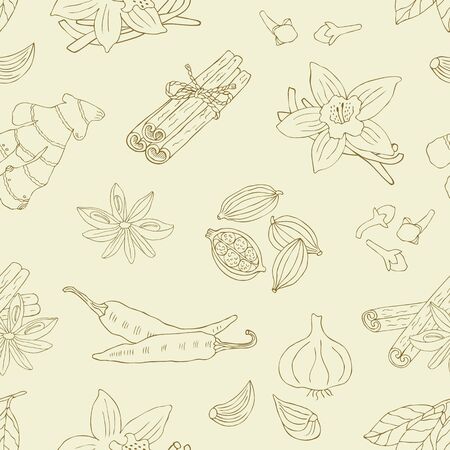 Spice seamless background with vanilla, cinnamon, anise, cardamon, pepper, garlic.のイラスト素材