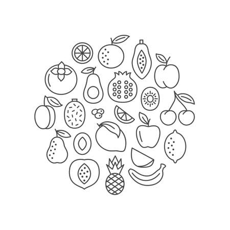 Fruit circle banner. Flat line icons. Food set with apple, banana, apricot, cherry, orange, lemon, pear, mango. Vector illustration.のイラスト素材