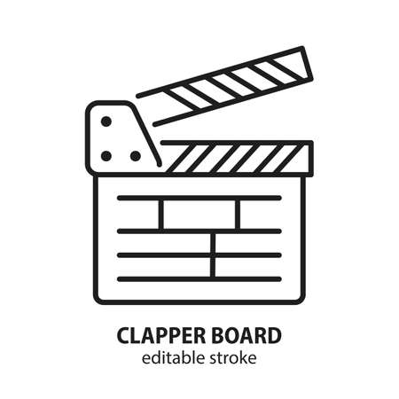 Movie clapper board line vector icon. Symbol of cinema. Sign of filmmaking in the form of a clapboard. Editable stroke.のイラスト素材