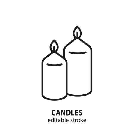 Candle line vector icon. Two burning candles with beeswax. Editable stroke.のイラスト素材