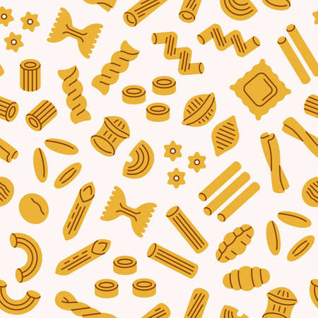 Pasta seamless pattern. Vector background with italian noodle, fusilli, macaroni, ravioli, spaghetti. Food flat illustration.のイラスト素材