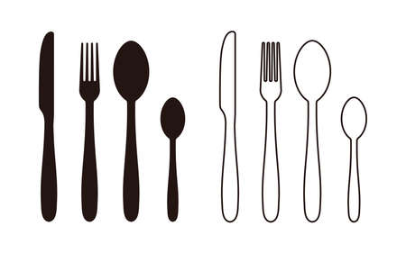 Cutlery black icon. Spoon, fork, knife silhouette and line set. Vector illustration.のイラスト素材