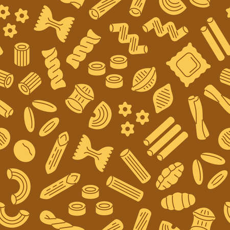 Pasta seamless background. Vector pattern with italian noodle, fusilli, macaroni, ravioli, spaghetti. Food illustration.のイラスト素材