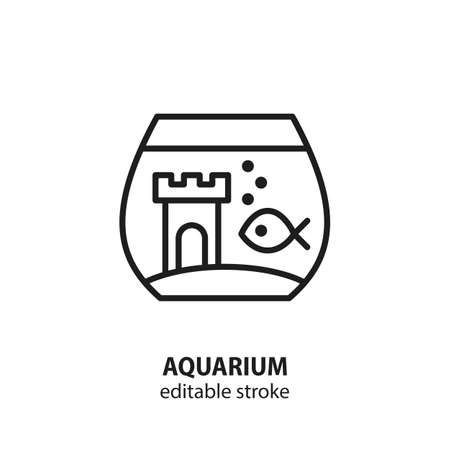 Aquarium vector line icon with fish and tower. Editable stroke.のイラスト素材