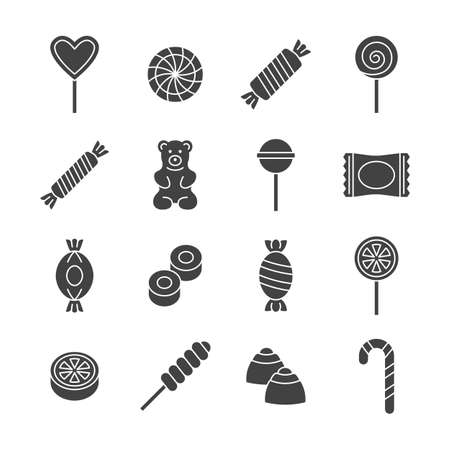 Candy icon glyph set. Vector collection with lollipop, sweets, caramel, candy cane, chocolate candy, gummy bear.のイラスト素材