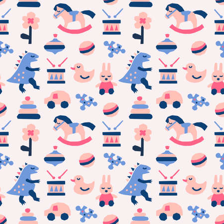 Toy seamless pattern. Paper cut design with horse, dinosaur, car, flower, duck, rabbit, puzzle, ball, drum. Wrapping vector background.のイラスト素材