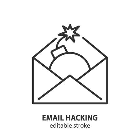 Email hacking line icon. Bomb explodes mail sign. Symbol of computer virus, phishing, scam. Editable stroke.のイラスト素材