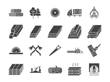 Lumber glyph icon set. Sawmill collection with log, axe, logging truck, saw, tree, carpentry. vector illustration.のイラスト素材