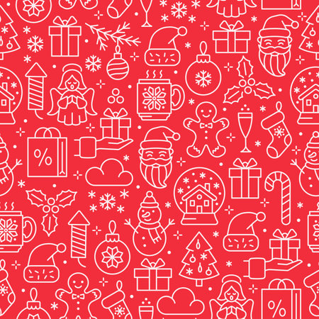 Christmas seamless background. Line icon pattern with angel, Santa, gingerbread man, snowball, snowman, christmas tree and gift box. Winter vector background.のイラスト素材