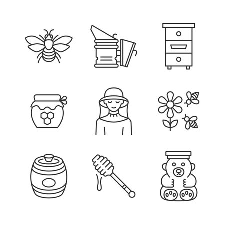 Beekeeping line icon set. Collection symbol with bee, hive, honey, beekeeper,equipment, apiary. Editable stroke.のイラスト素材