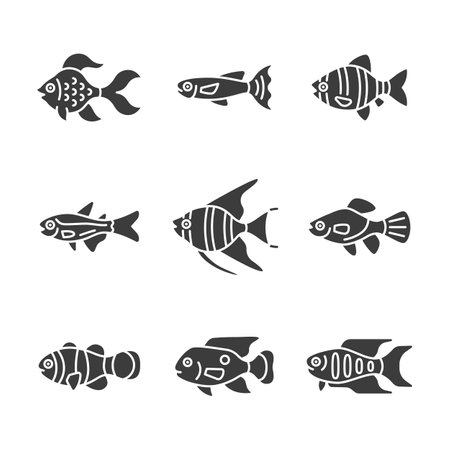 Aquarium fish glyph icon set. Tropical fish vector sign. Aquarium husbandry symbol.のイラスト素材