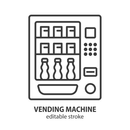 Vending machine line icon. Automatic dispenser with snak and drink. Editable stroke. Vector illustration.のイラスト素材