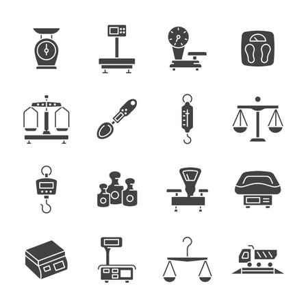 Weight measurement device glyph icon. Vector collection with electronic and mechanical scales, weights, weigher, industrial scales.のイラスト素材