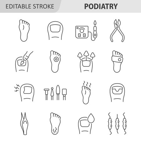 Podiatry line set. Podology collection with sole, toe, pedicure machine, callus, ingrown toenail, nail fungus, nippers. Editable stroke. Vector illustration.のイラスト素材