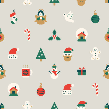 Christmas seamless background. Flat icon banner with angel, Santa, gingerbread man, snowball, snowman, christmas tree and gift box, cup, Santa hat, candy cane. Winter vector pattern.のイラスト素材