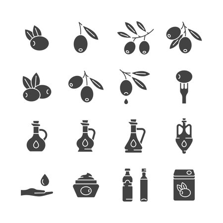 Olive oil glyph icon set. Vector collection with olive branch, glass bottle, fork, cream.のイラスト素材