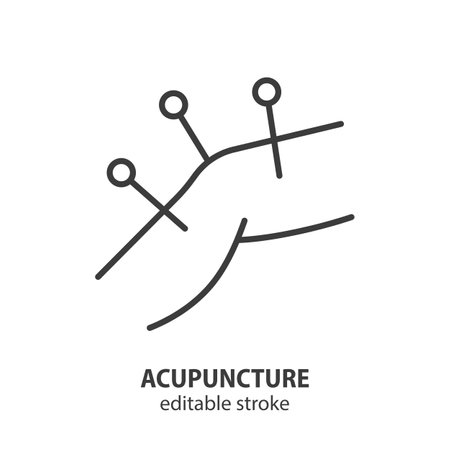 Acupuncture line icon. Leg with acupuncture needles. Vector illustration. Editable stroke.のイラスト素材