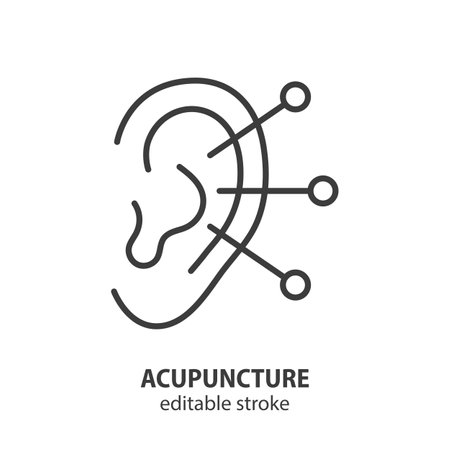 Acupuncture line icon. Ear with acupuncture needles. Vector illustration. Editable stroke.のイラスト素材