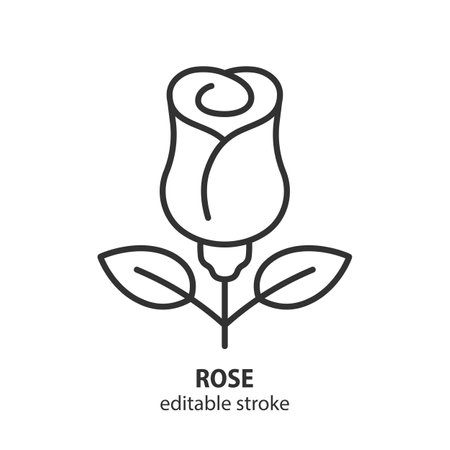 Rose with leaves line icon. Flower symbol. Editable stroke. Vector illustration.のイラスト素材
