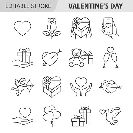Valentine's day line icon set. Love collection with heart, rose, present, cupid, balloon, dove. Editable stroke. Vector illustration.のイラスト素材