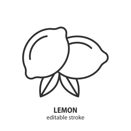 Lemon with leaves line icon. Citrus fruit symbol. Editable stroke. Vector illustration.のイラスト素材
