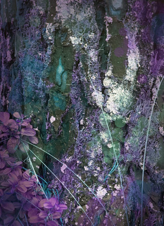 Photo background natural materials. beautiful textures of stones, leaves, trees, grass and moss. Bright turquoise-lilac range. Magic atmosphere of the forest, fairy tales and magic.の写真素材