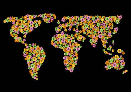 map of the world made up of lots of colorful flowersのイラスト素材