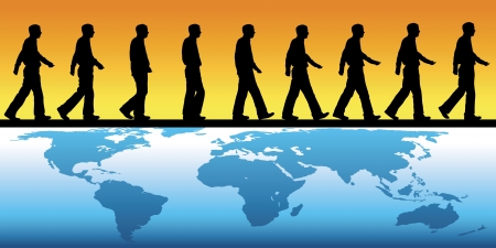 silhouette of man walking across a map of the worldのイラスト素材