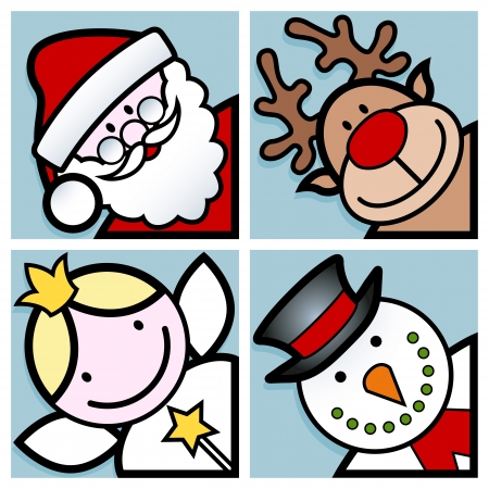 set of four happy christmas cartoon character facesのイラスト素材