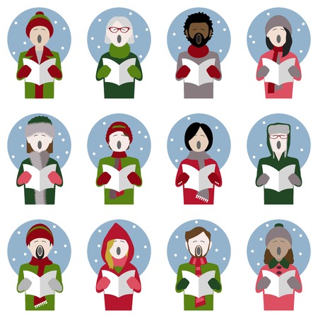 Set of twelve icons of multiethnic adult christmas carol singersのイラスト素材
