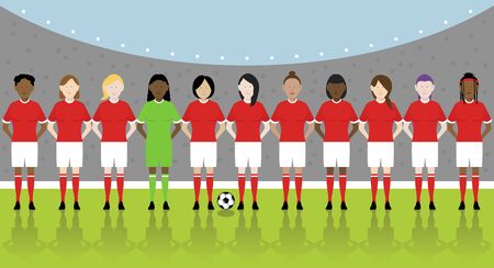 line up of eleven multinational female soccer players in red kit on football pitch. EPS file available.のイラスト素材