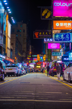 Hong Kong, Hong Kong/ Hong Kong - March 15 2018: Hong Kong at night with neon lightsのeditorial素材