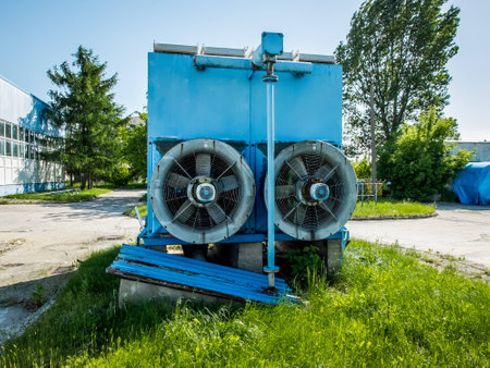 An industrial blue ventilation fan system