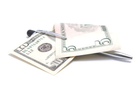 pen and american dollars isolated on white background with shadowsの写真素材