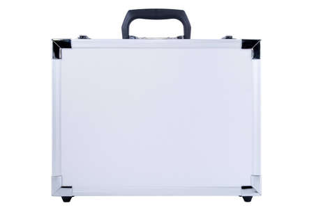 gray metal suitcase isolated on white backgroundの写真素材