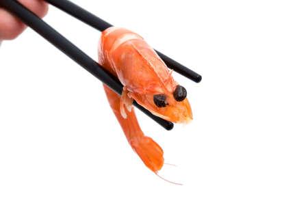 big shrimp picked up by sushi chopsticks isolated on white backgroundの写真素材