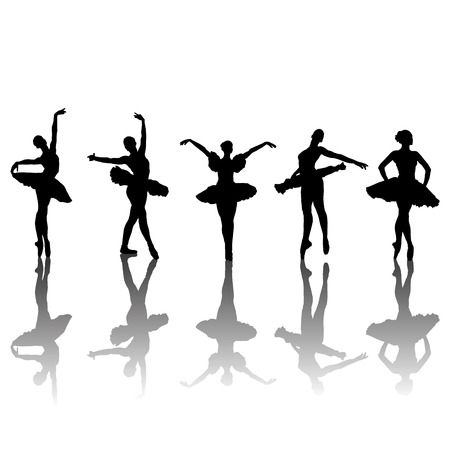 Five ballet dancers silhouettes in different positions,  illustrationのイラスト素材
