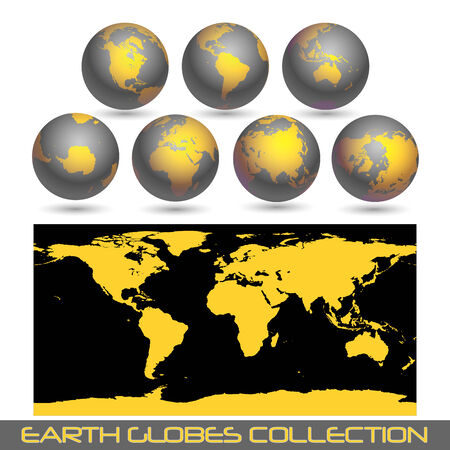 collection of black earth globes end a map isolated on white.のイラスト素材